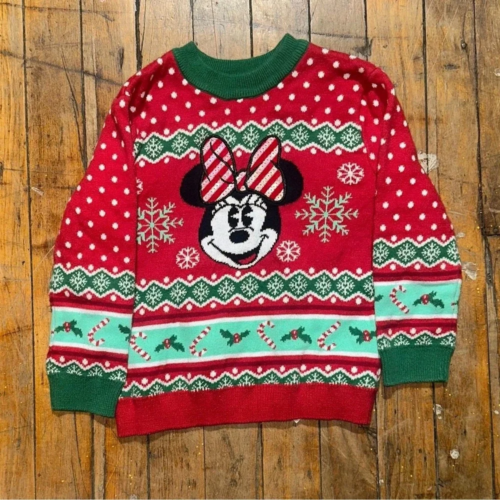 Disney Minnie Mouse Christmas Sweater Girls Size 3 Red Knit Ribbed Hem Crew Neck